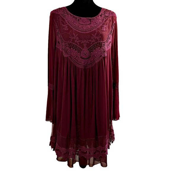 Altar'd State Embroidered Lace Babydoll Swing Dress Bell Sleeve Small Burgundy - Picture 1 of 14